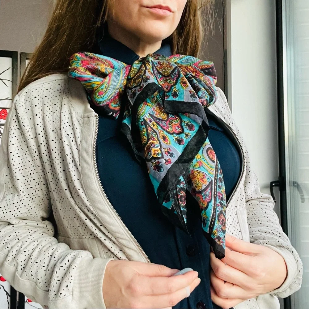 Vintage Genuine Silk Paisley Rainbow Rolled Hem Long Rectangular Women Men Scarf